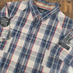 Harley Davidson Men's‎ Short Sleeve Snap Shirt Blue Plaid Grease Monkey Size XL